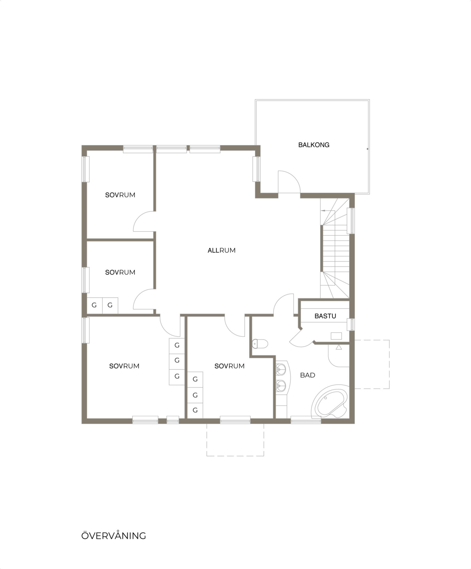 Planritning, övre plan Sjöbergsvägen 30
